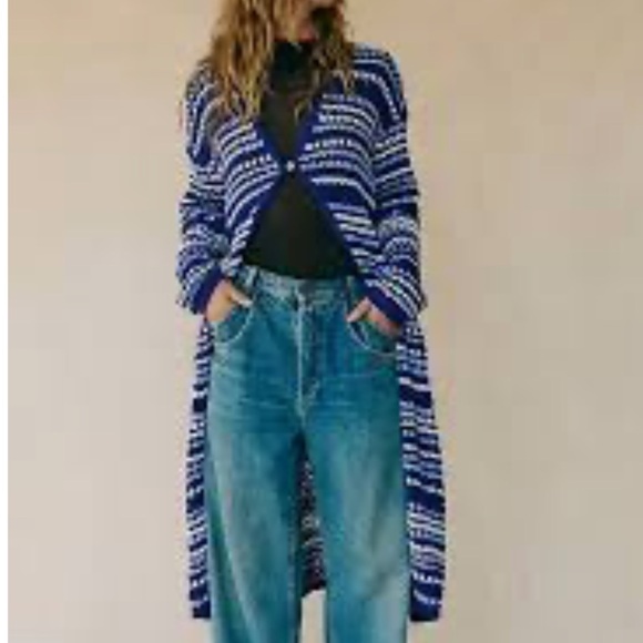 FREE PEOPLE COLETTE CROCHET STRIPED MAXI CARDIGAN BLUE WHITE MEDIUM AND LARGE - Picture 4 of 9